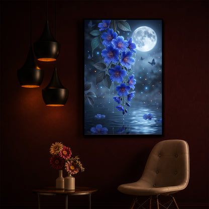 Moonlit Blue Blossoms Modern Luxury Backlight Vertical Wall Art