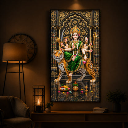 Maa Durga In Green Saree Modern Luxury Backlight Vertical Wall Art
