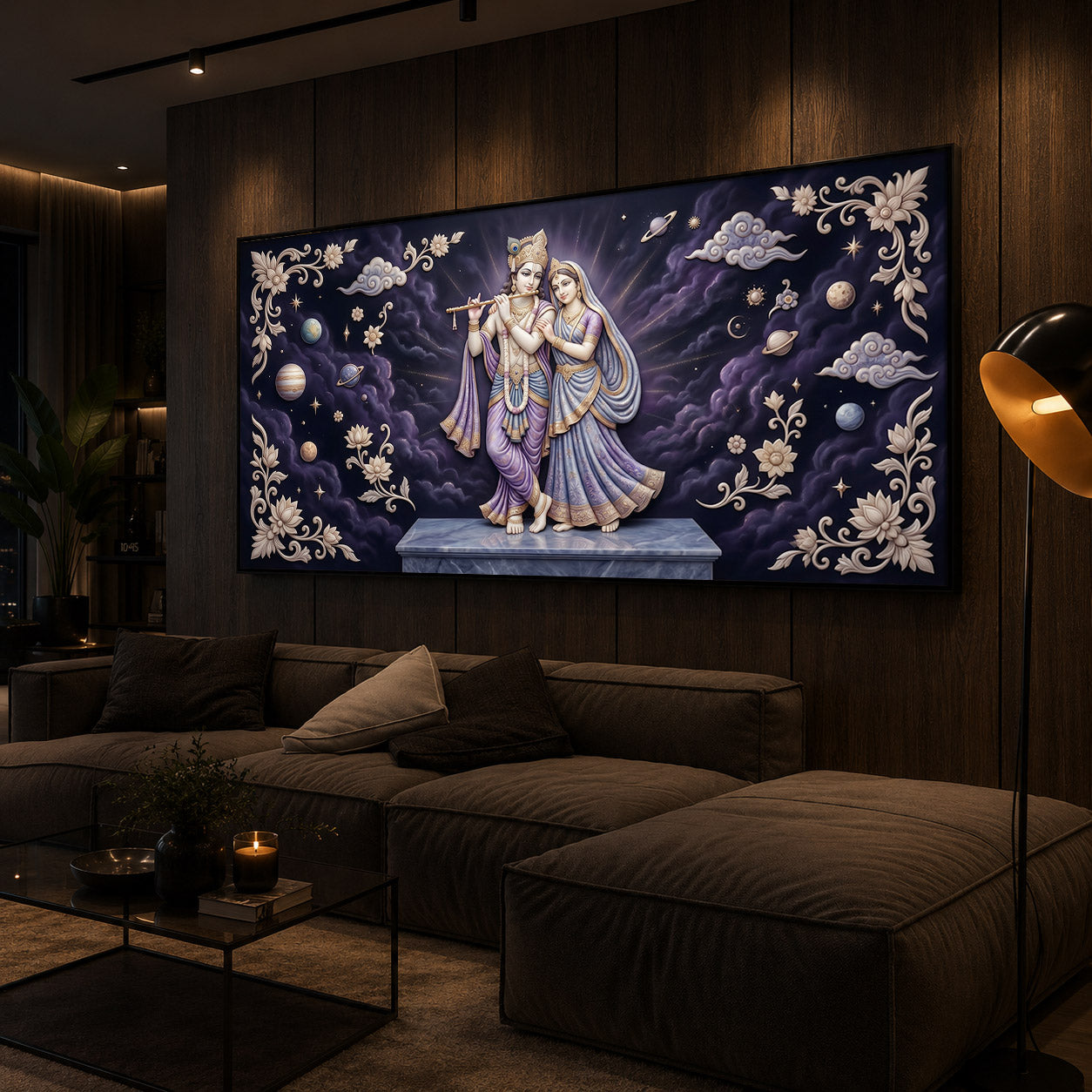 Radha Krishna With Purple Background Modern Luxury Backlight Horizontal Wall Art