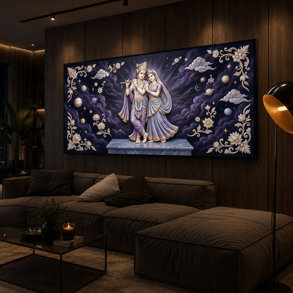 Radha Krishna With Purple Background Modern Luxury Backlight Horizontal Wall Art