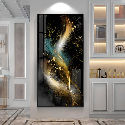 Abstract Golden & White Feathers Premium Acrylic Vertical Wall Art