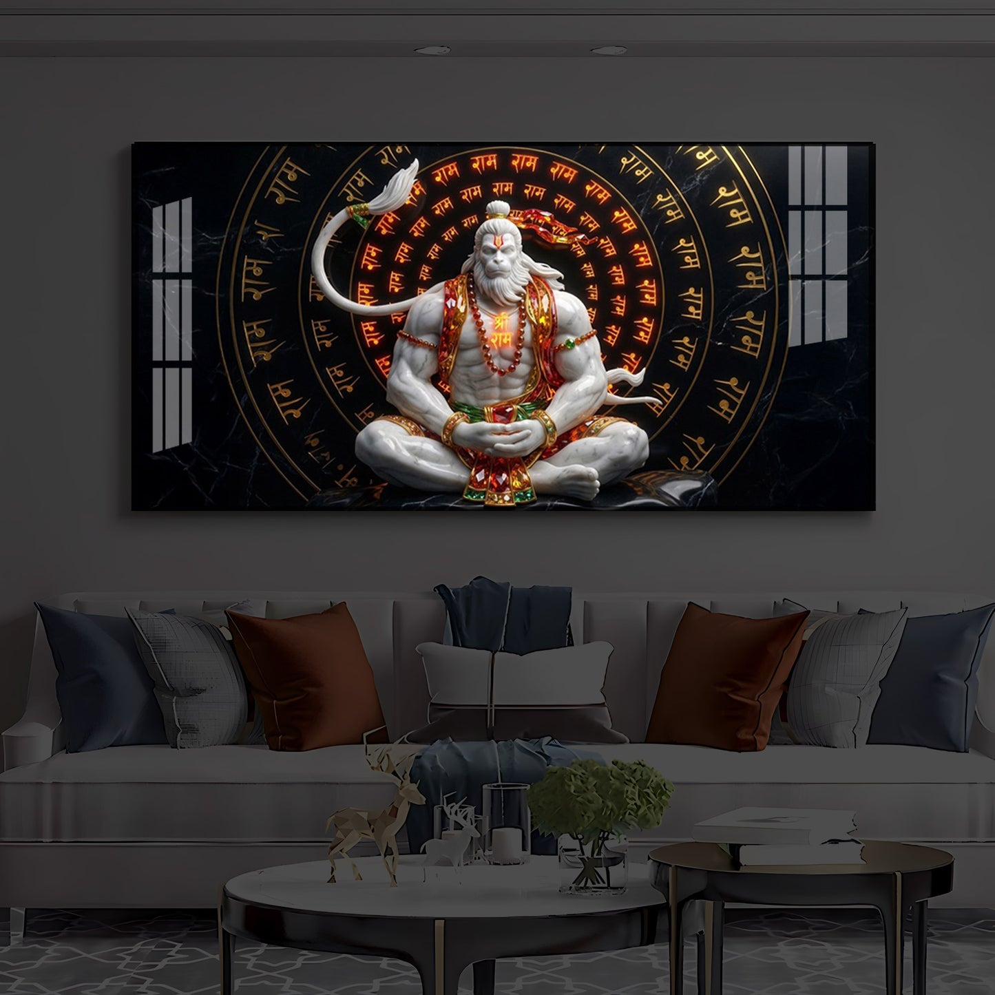 Lord Hanuman Sitting In A Meditative Modern Luxury Backlight Horizontal Wall Art
