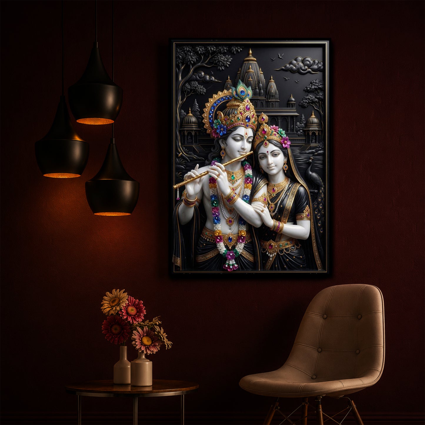 Radha Krishna With Floral Garlands Modern Luxury Backlight Vertical Wall Art