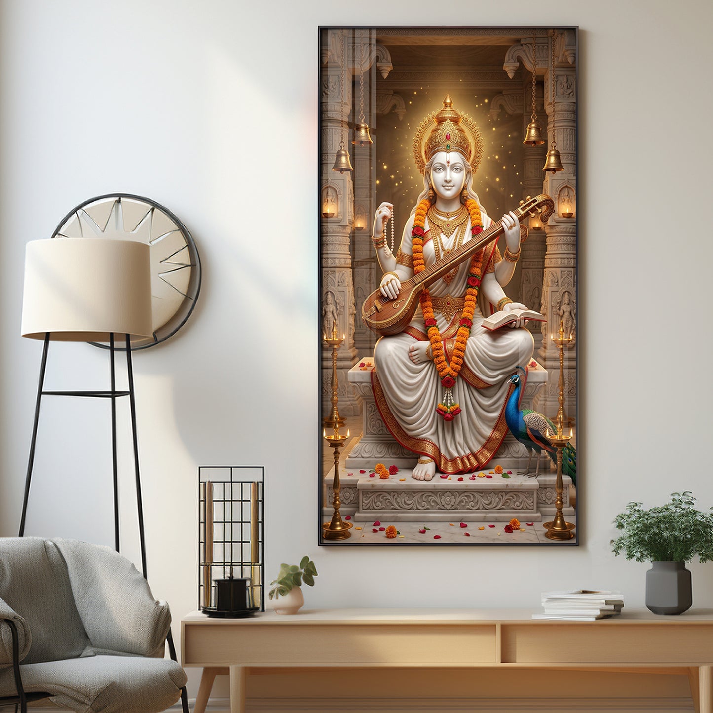 Divine Harmony Of Saraswati Maa Premium Acrylic Vertical Wall Art