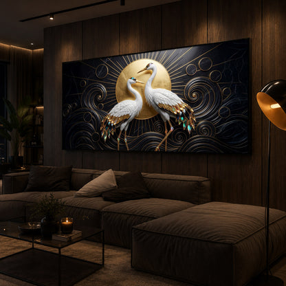 White Crane Modern Luxury Backlight Horizontal Wall Art