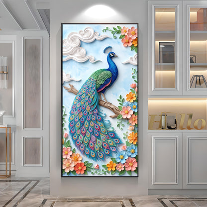 Elegant Pastel Floral Quilling Style Peacock Premium Acrylic Vertical Wall Art