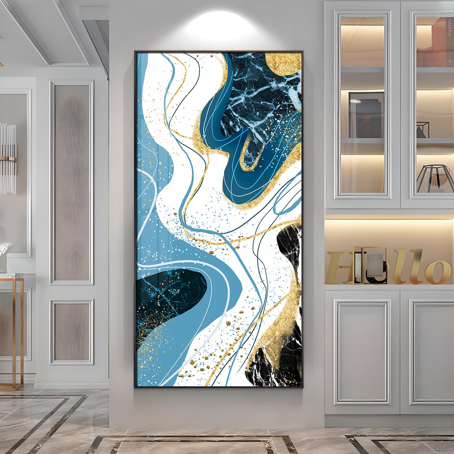 Stylized Fans In Gold & Blue Tones Premium Acrylic Vertical Wall Art