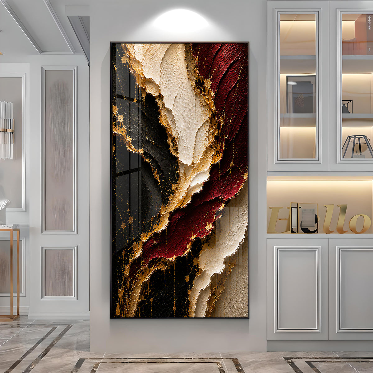 Luxurious Textured Abstract Maroon Black & Gold Premium Acrylic Vertical Wall Art