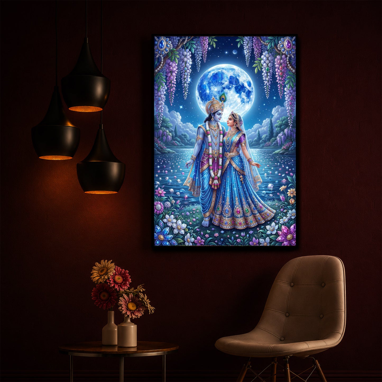 Radha & Krishna Standing Together Modern Luxury Backlight Vertical Wall Art