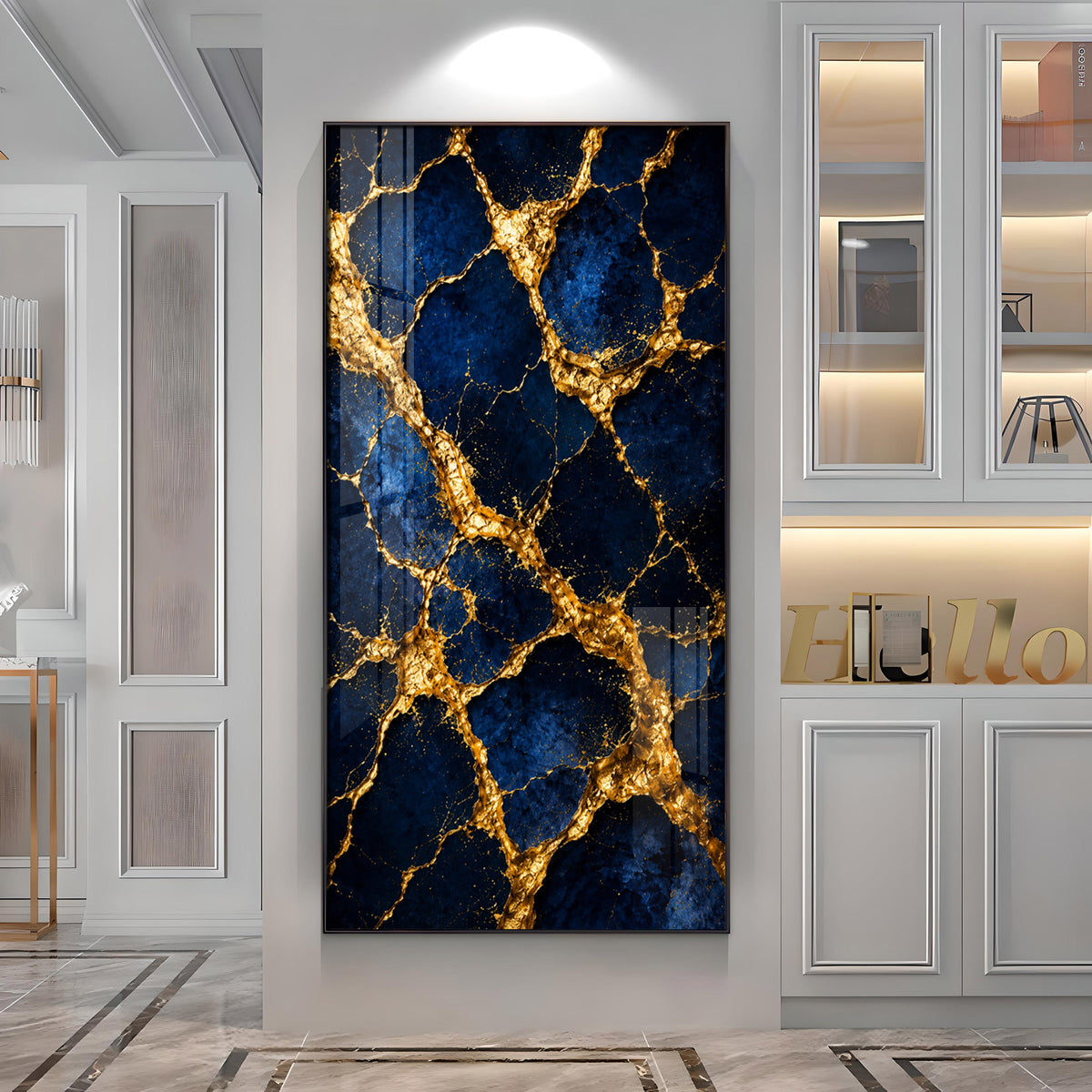 Luxurious Blue & Gold Cracked Marble Premium Acrylic Vertical Wall Art