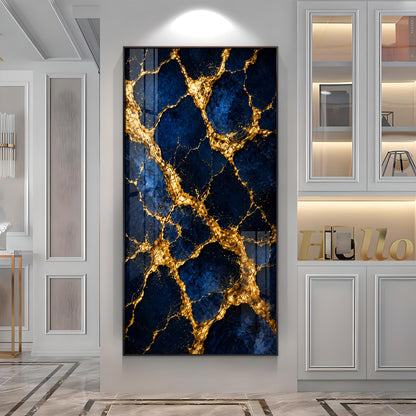 Luxurious Blue & Gold Cracked Marble Premium Acrylic Vertical Wall Art
