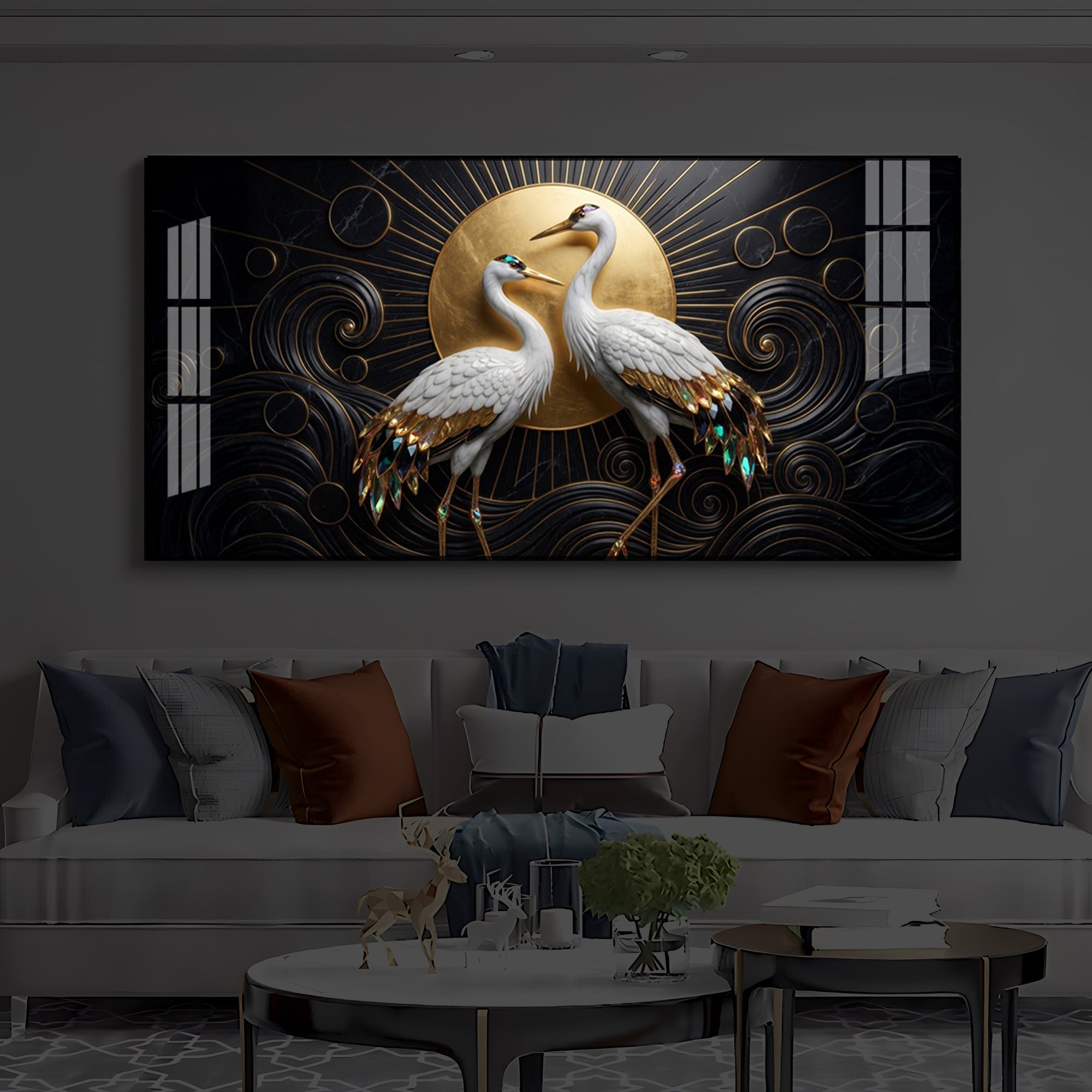 White Crane Modern Luxury Backlight Horizontal Wall Art