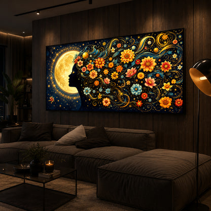 Dreamy Moon Girl Modern Luxury Backlight Horizontal Wall Art