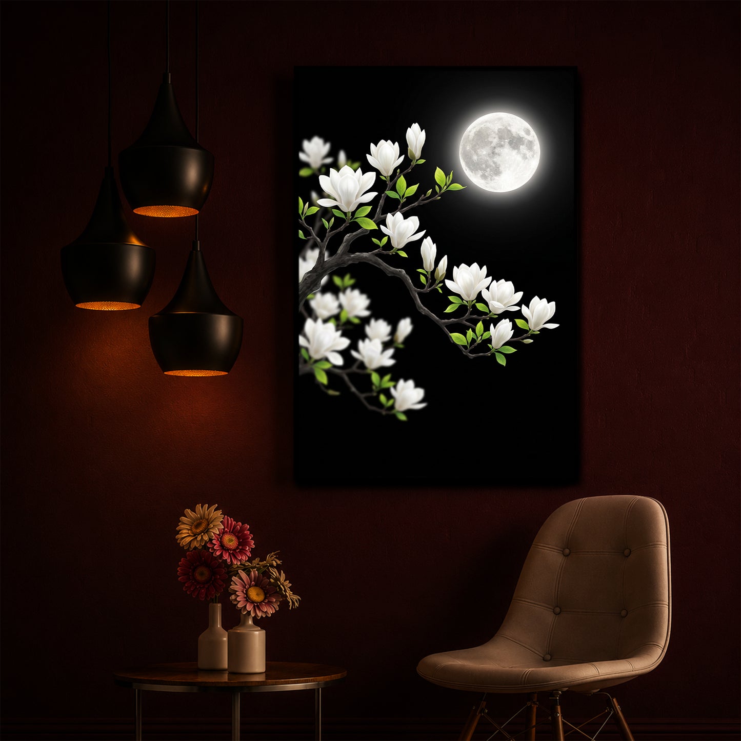 Moonlit White Magnolia Modern Luxury Backlight Vertical Wall Art