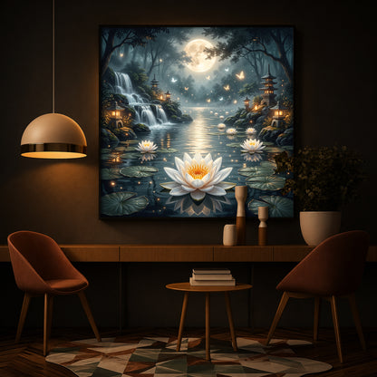 Moonlit Zen Lotus Pond Modern Luxury Backlight Square Wall Art