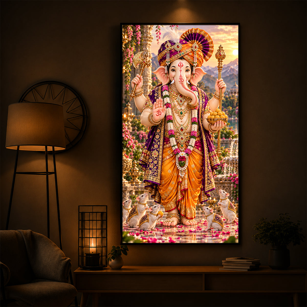 Lord Ganesha with Mushak Modern Luxury Backlight Vertical Wall Art