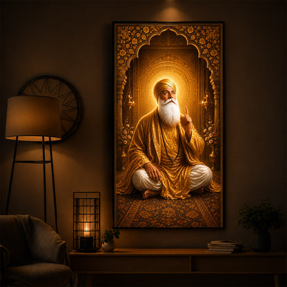 Divine Guru Nanak Dev Ji Golden Attire Modern Luxury Backlight Vertical Wall Art