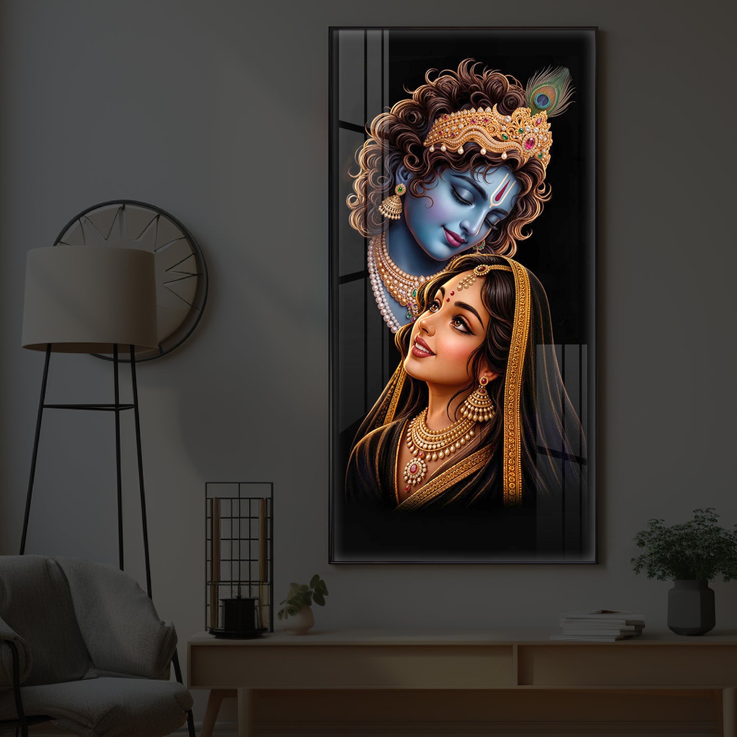 Hindu Deities Shri Radha Krishna Modern Luxury Backlight Vertical Wall Art
