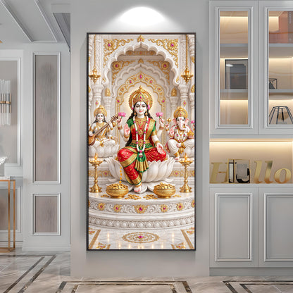 Divine Maa Saraswati, Laxmi & Lord Ganesh Ji Premium Acrylic Vertical Wall Art