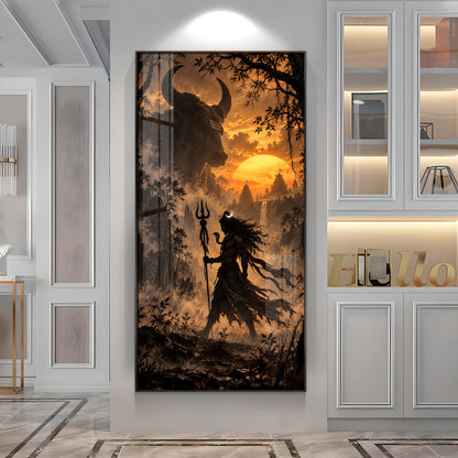 Shiva Walking in Sunset With Nandi Premium Acrylic Vertical Wall Art