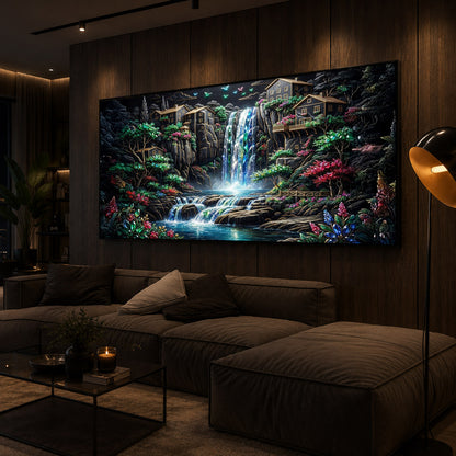Lush Mountain Waterfall Modern Luxury Backlight Horizontal Wall Art