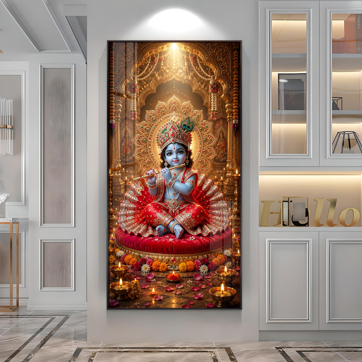 Divine Bal Krishna With Makhan Matki Premium Acrylic Vertical Wall Art