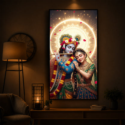 Couple Radhe Krishna Modern Luxury Backlight Vertical Wall Art