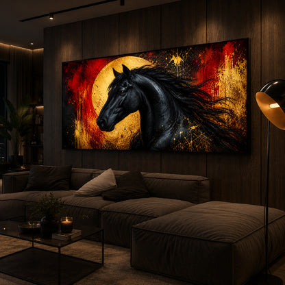 Black Horse With Abstract Background Modern Luxury Backlight Horizontal Wall Art