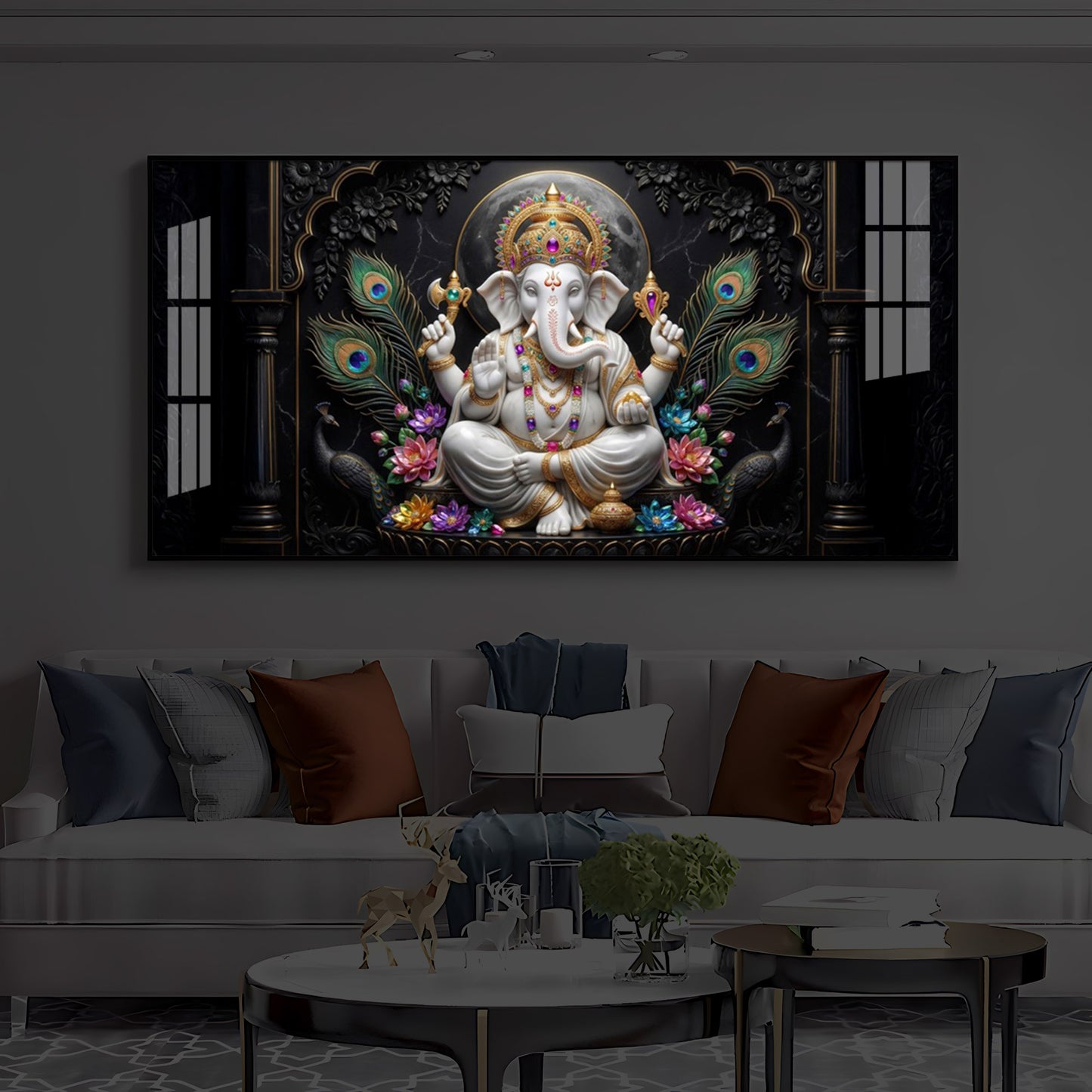 Lord Ganesha With Peacock Feather Modern Luxury Backlight Horizontal Wall Art