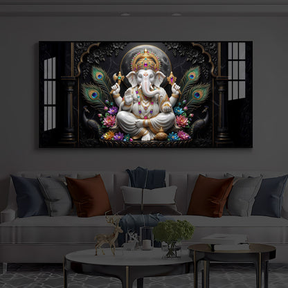 Lord Ganesha With Peacock Feather Modern Luxury Backlight Horizontal Wall Art