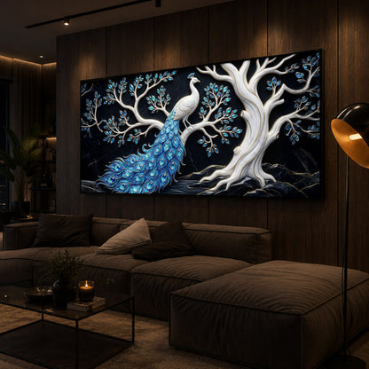 Peacock With Blue Feather Modern Luxury Backlight Horizontal Wall Art