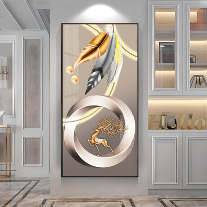 Deer With Gold & Silver Feather Premium Acrylic Vertical Wall Art