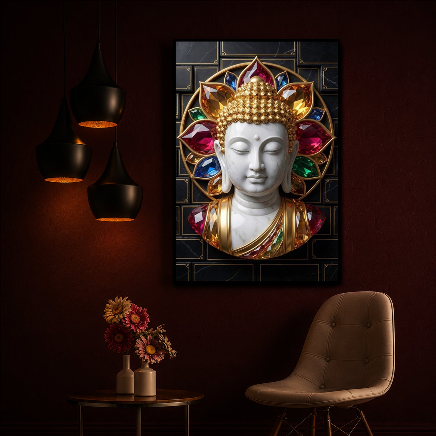 White Buddha Face Modern Luxury Backlight Vertical Wall Art