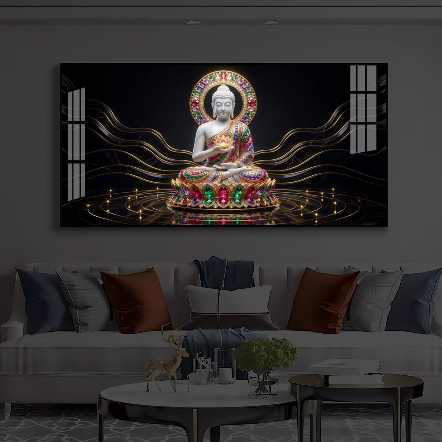 White Buddha Statue Modern Luxury Backlight Horizontal Wall Art