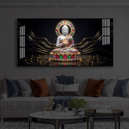 White Buddha Statue Modern Luxury Backlight Horizontal Wall Art