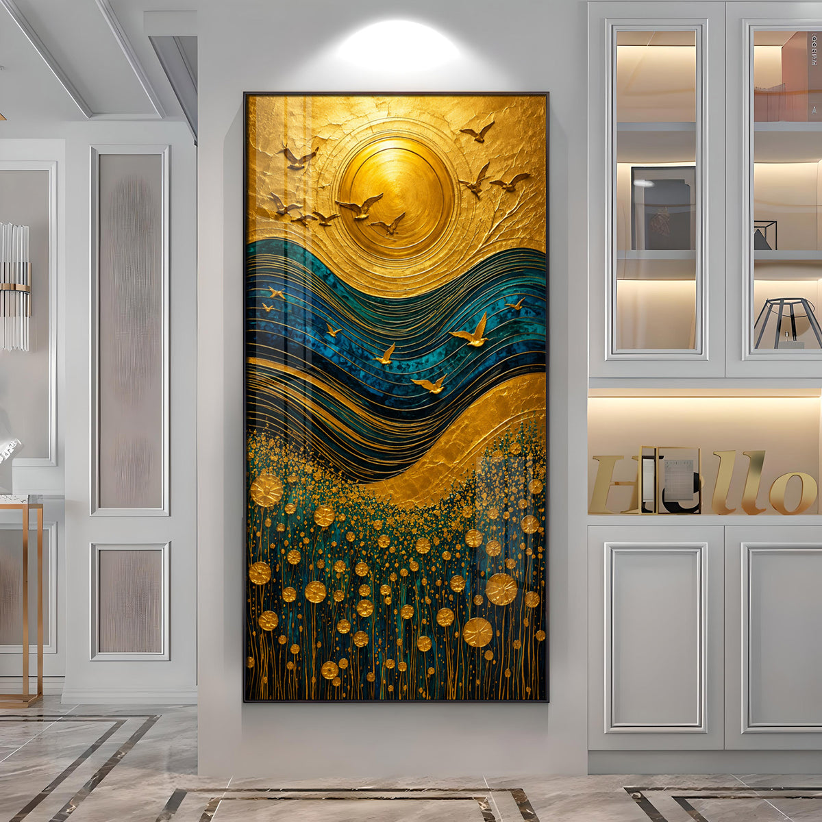 Majestic Golden Sun & Flying Birds Landscape Premium Acrylic Vertical Wall Art