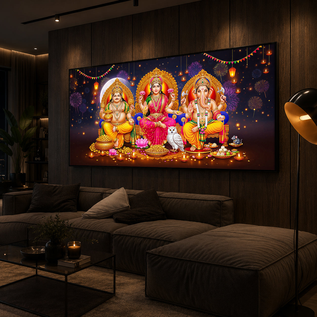 Lord Kubera,Goddess Lakshmi & Lord Ganesha Modern Luxury Backlight Horizontal Wall Art