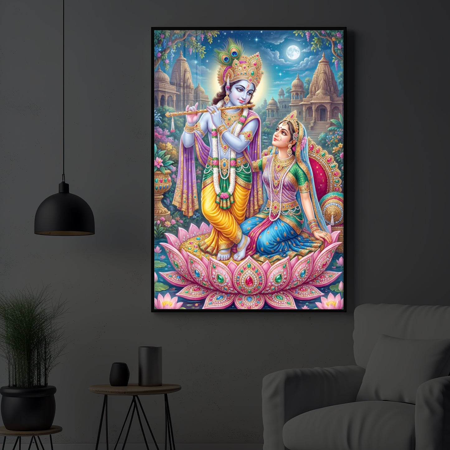 Goddess Radha and God Krishna Modern Luxury Backlight Vertical Wall Art