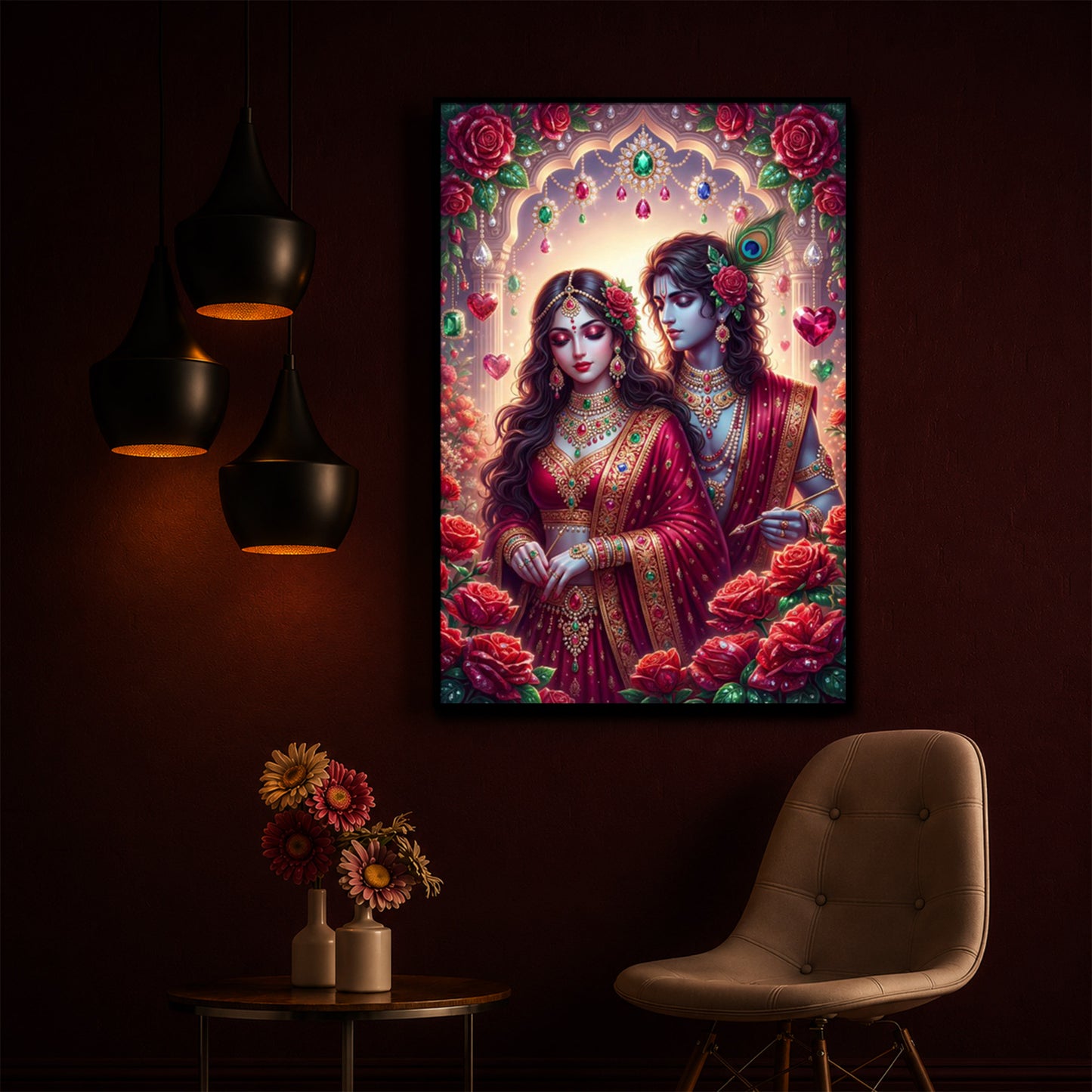 Radha Krishna Surrounded By Red Roses Modern Luxury Backlight Vertical Wall Art