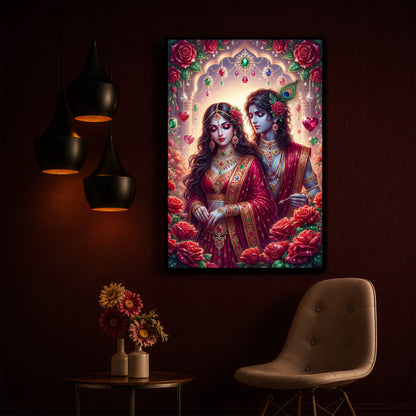 Radha Krishna Surrounded By Red Roses Modern Luxury Backlight Vertical Wall Art