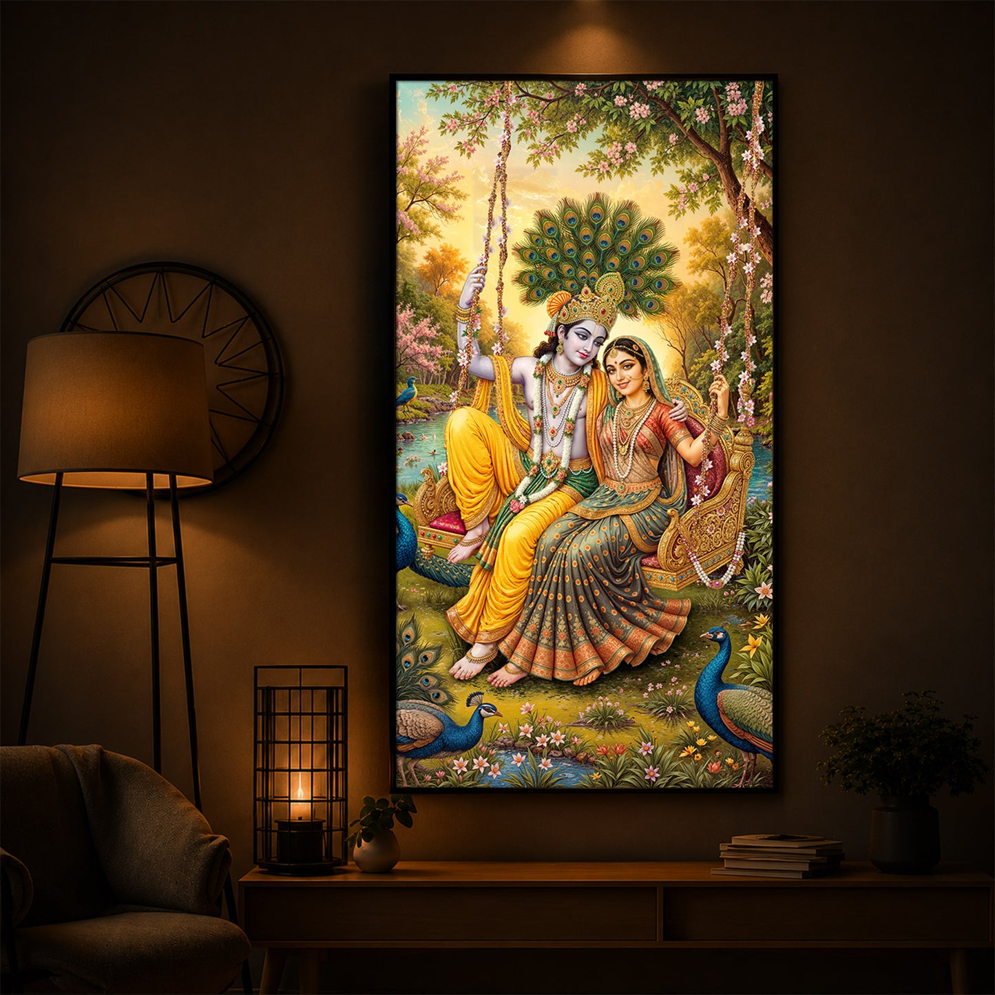 Jai Shri Radha Krishna Modern Luxury Backlight Vertical Wall Art