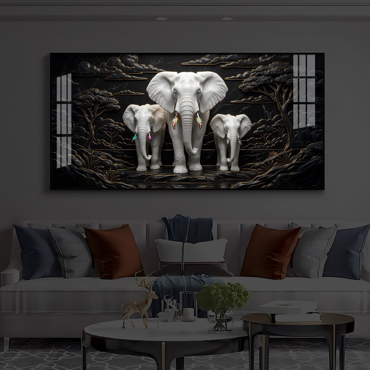 White Elephant Family Modern Luxury Backlight Horizontal Wall Art