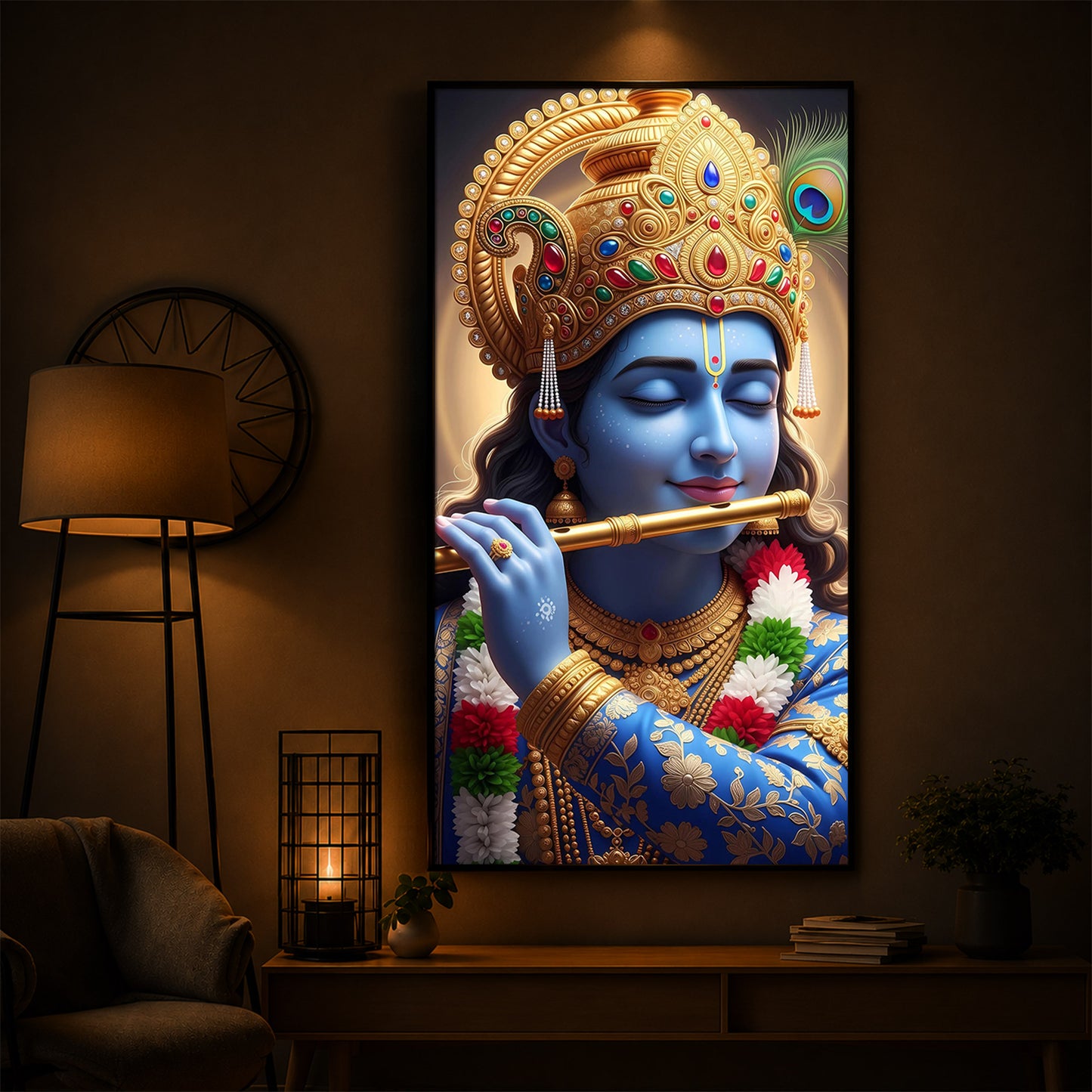 Lord Krishna Modern Luxury Backlight Vertical Wall Art