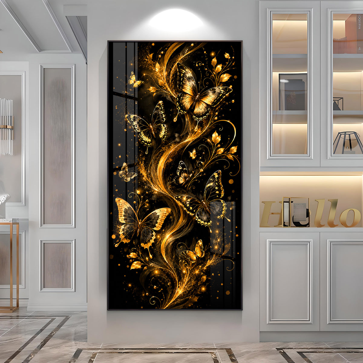 Graceful Golden Butterflies & Floral Swirls Premium Acrylic Vertical Wall Art