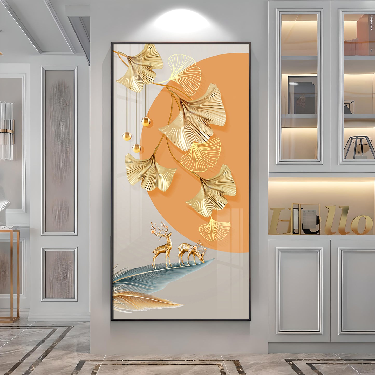 Golden Ginkgo Leaves Deer Premium Acrylic Vertical Wall Art