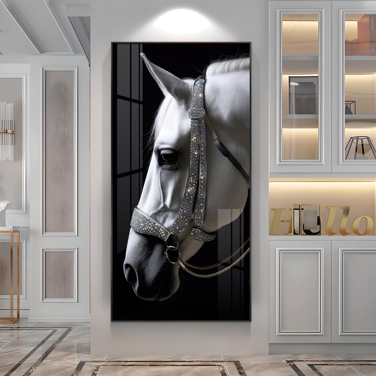 White Horse With Black Background Premium Acrylic Vertical Wall Art