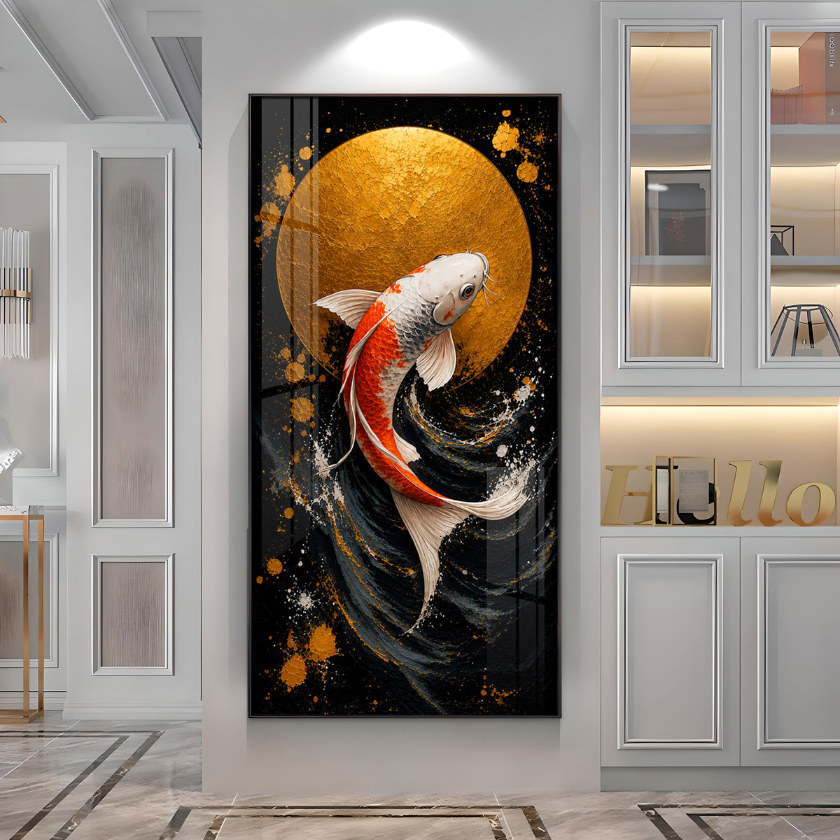 Golden Moon & Swimming Koi Fish Premium Acrylic Vertical Wall Art