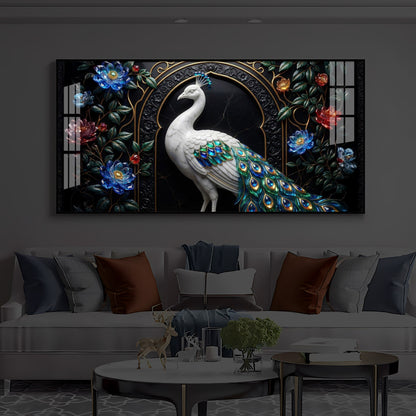 Majestic Peacock With Flower Modern Luxury Backlight Horizontal Wall Art