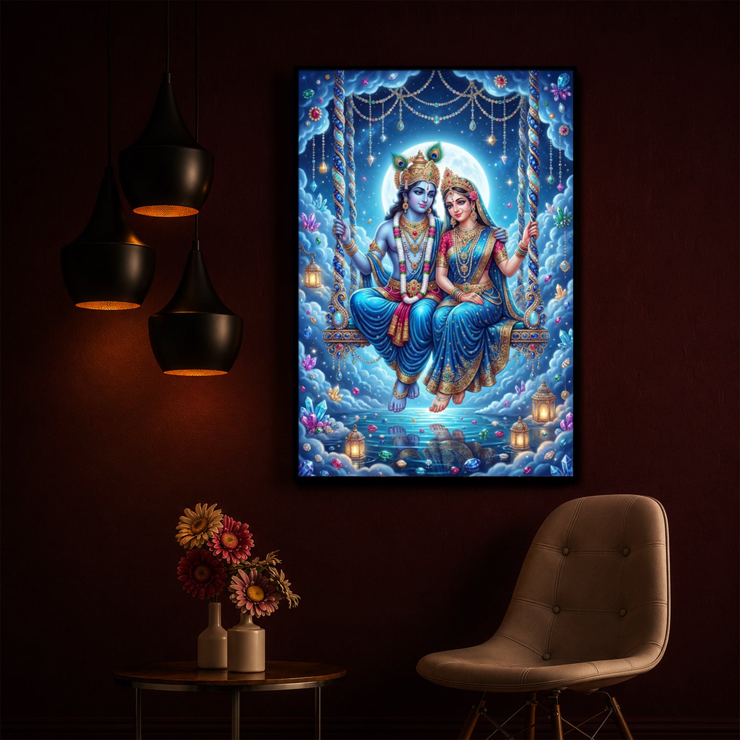 Hindu Deities Radha Krishna Modern Luxury Backlight Vertical Wall Art