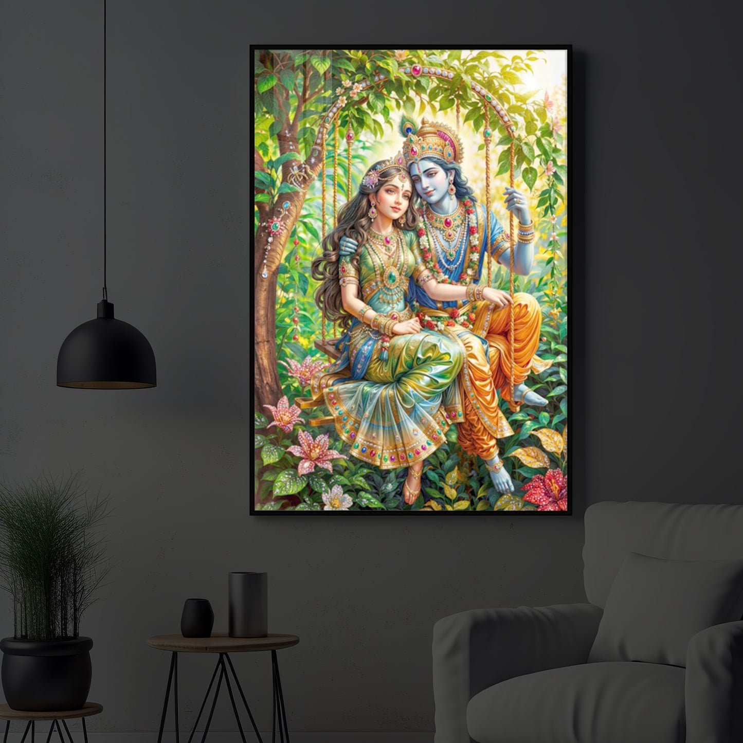 Radha Krishna Modern Luxury Backlight Vertical Wall Art